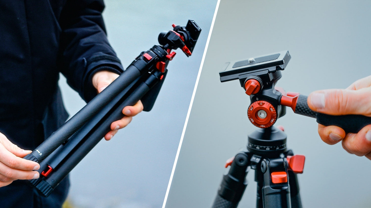 Compact carbon fiber tripod with red locking knobs and ball head shown folded and fully set up
