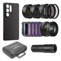 The full Freewell accessories for Samsung S25 Ultra, includes a carbon fiber case, multiple smartphone lenses (telephoto, macro, 1.33x anamorphic, VND/CPL, mist filters), a grip, and a carrying case.