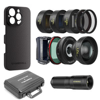 The full Freewell accessories for iPhone 16 Pro/Max, includes a carbon fiber case, multiple smartphone lenses (telephoto, macro, 1.33x anamorphic, VND/CPL, mist filters), a grip, and a carrying case.