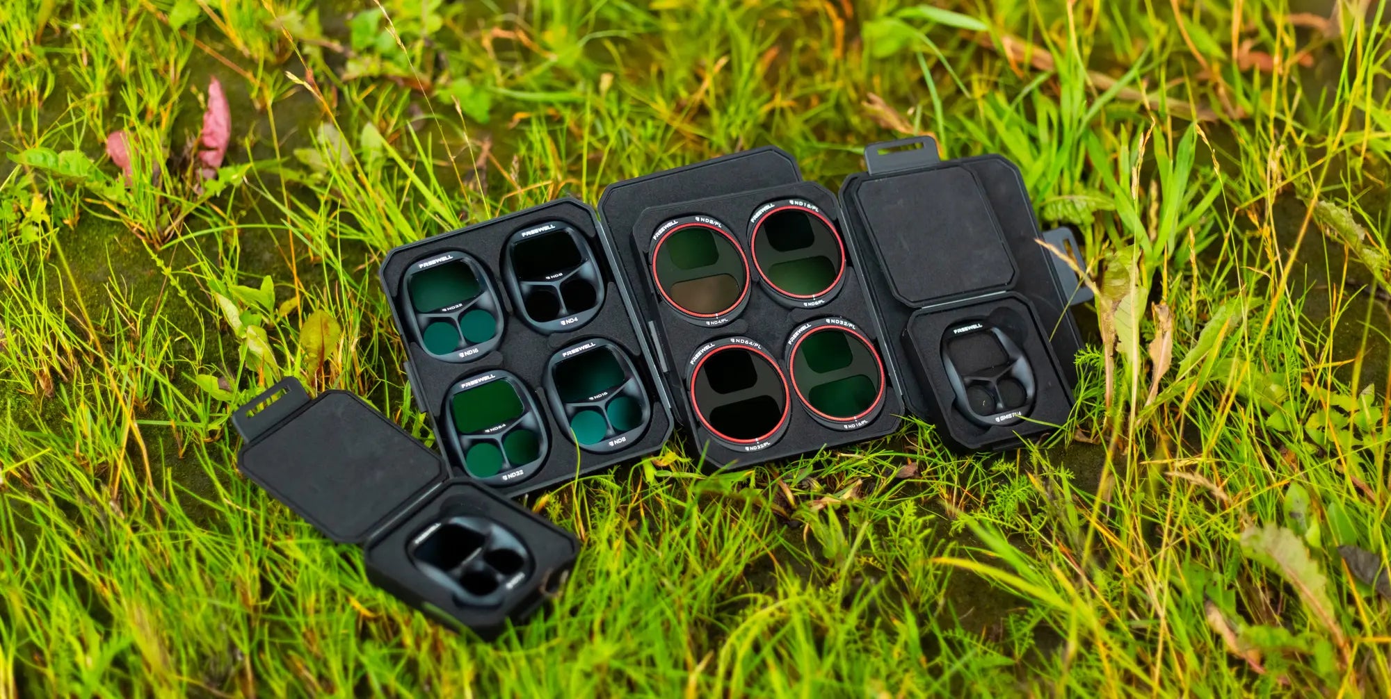 Freewell Mavic 4 Pro filter kits arranged outdoors