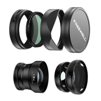 Freewell Fuji X100VI/X100V lens kit, including a CPL/Mist filter, 1.5X telephoto lens, macro lens, and 0.75X wide-angle lens
