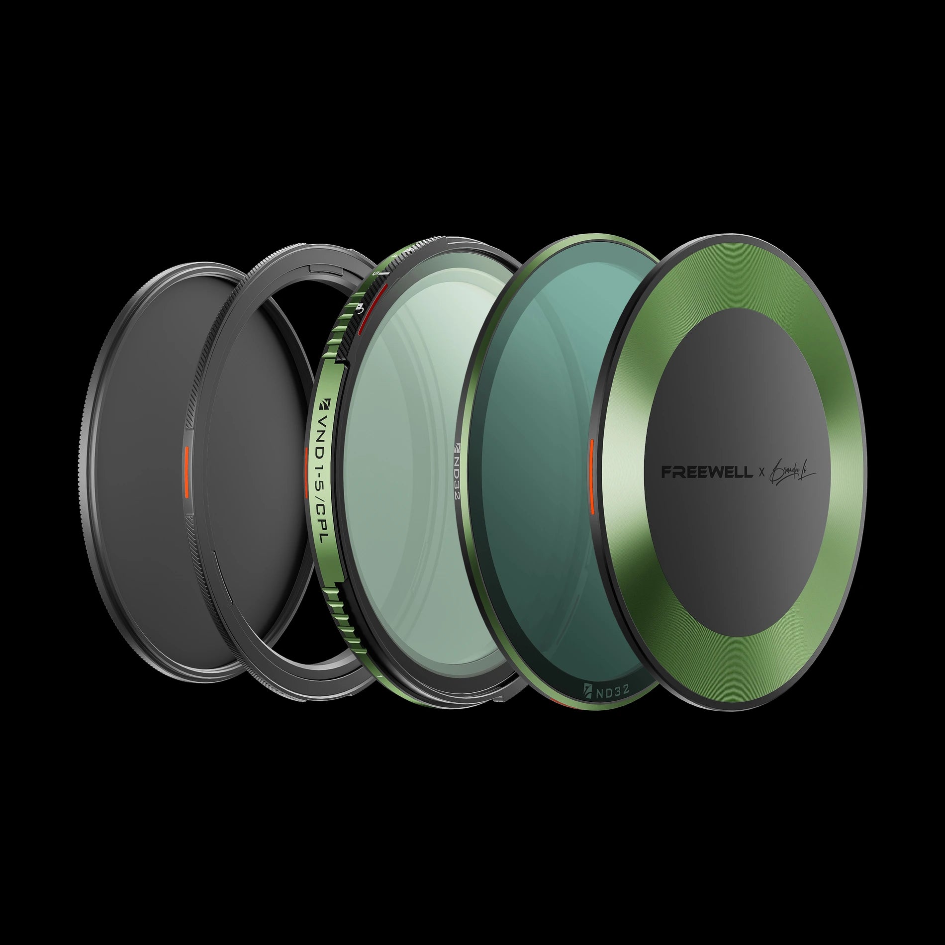 Exploded view of the Brandon Li x Freewell magnetic VND/CPL system, ND32 filter, caps, and base ring