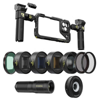 iPhone 16 Pro Max mega kit includes a rig, VND, slide-on lens filters, anamorphic lens, telephoto & macro lens.