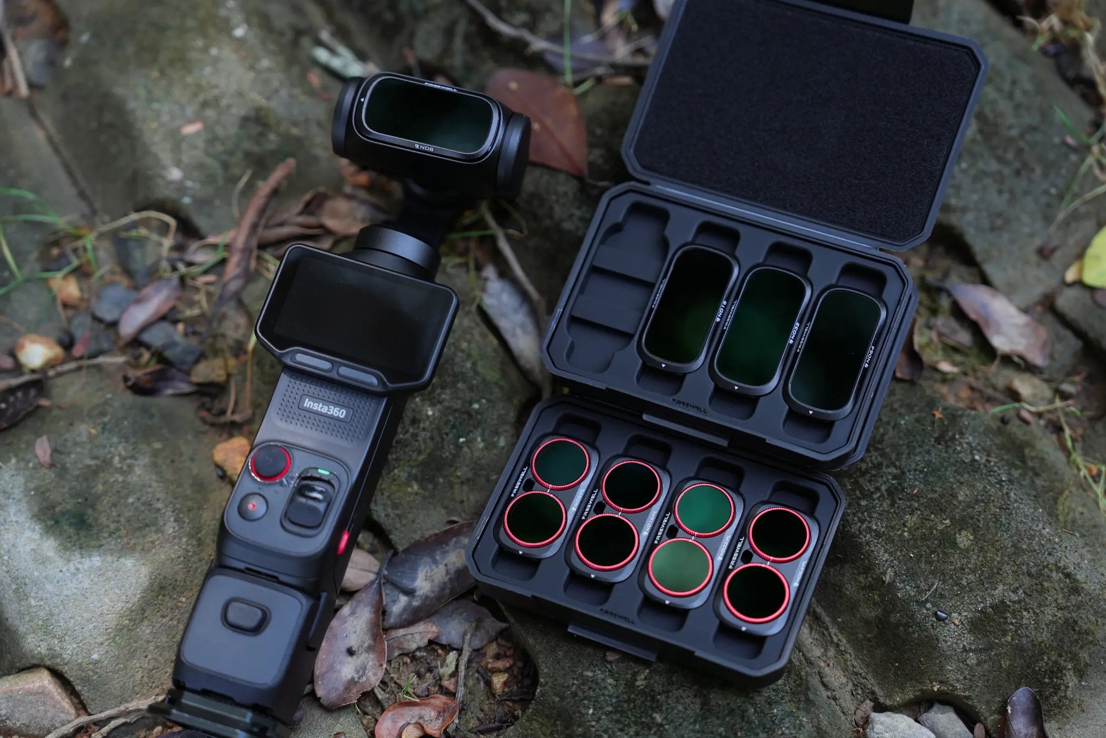 Insta360 Luna Ultra beside two Freewell All Day filter cases outdoors