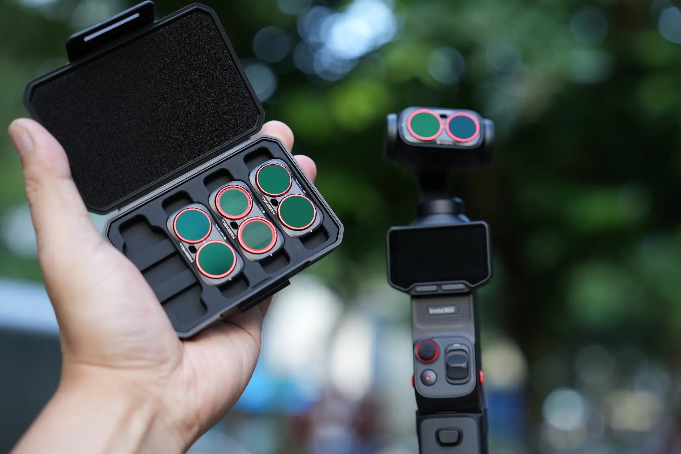 Freewell Bright Day ND PL filter kit beside Insta360 Luna Ultra outdoors