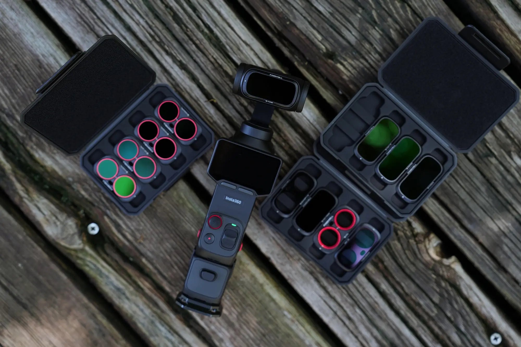 Insta360 Luna Ultra with the complete Freewell Mega Pack arranged outdoors