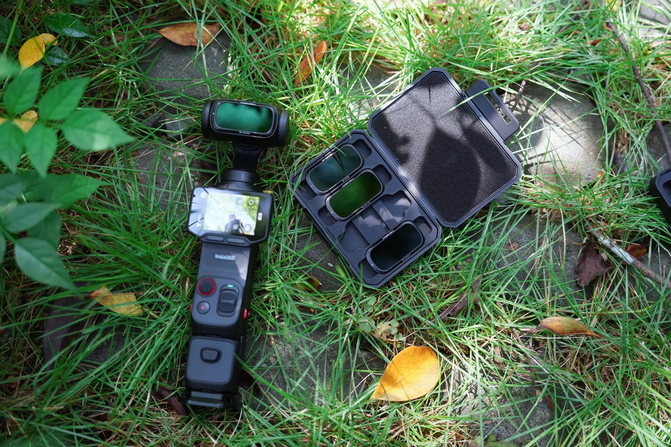 Insta360 Luna Ultra and Freewell Standard Day ND filter case outdoors