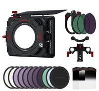 Freewell Eiger Matte Box Mega kit includes VND, CPL, adaptor & cap, blue streak, IR ND filters from ND4 to ND1000, Snow/Glow Mist and Gradient ND filters.