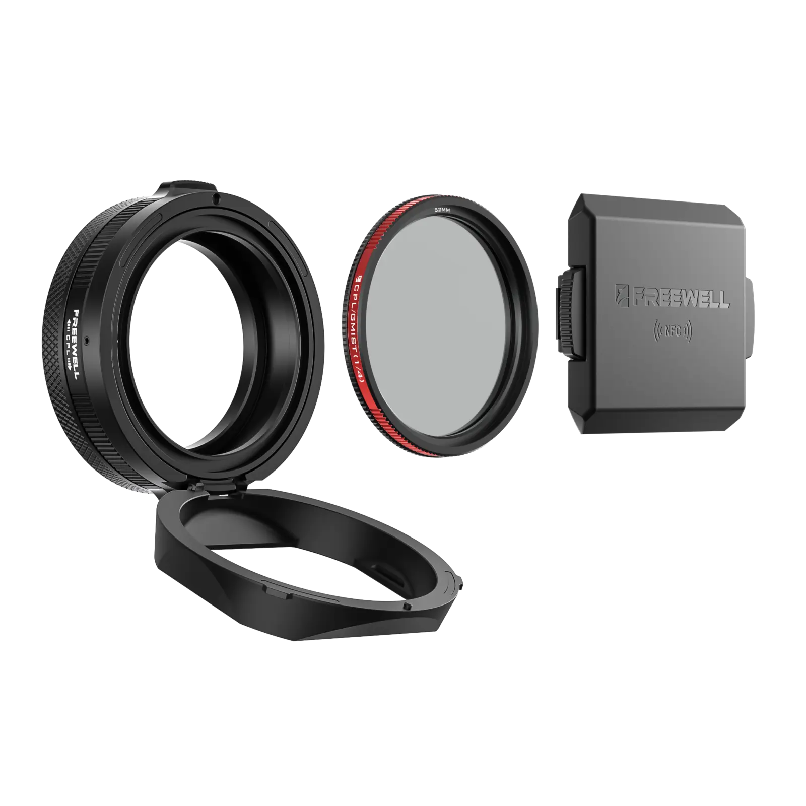 Freewell Real Lens Hood, 52mm Hybrid CPL and Glow Mist filter, and NFC lens cap