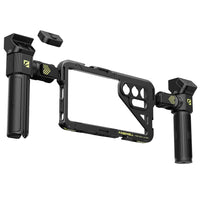 The Freewell Samsung S24/S25 Ultra Genius Rig, showing two detachable handles attached to the frame with a clear space for the phone screen and camera lenses.