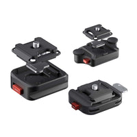 Bundle of three Freewell quick release clamps: Tripod, Camera Strap, and Backpack clamps for easy attachment and removal.