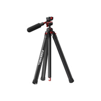 The image shows a Freewell tripod, featuring carbon fiber legs for durability and a lightweight design. The tripod is equipped with a 360° aluminum ball head, ideal for smooth panning and tilting, and comes with red accents for a sleek look.