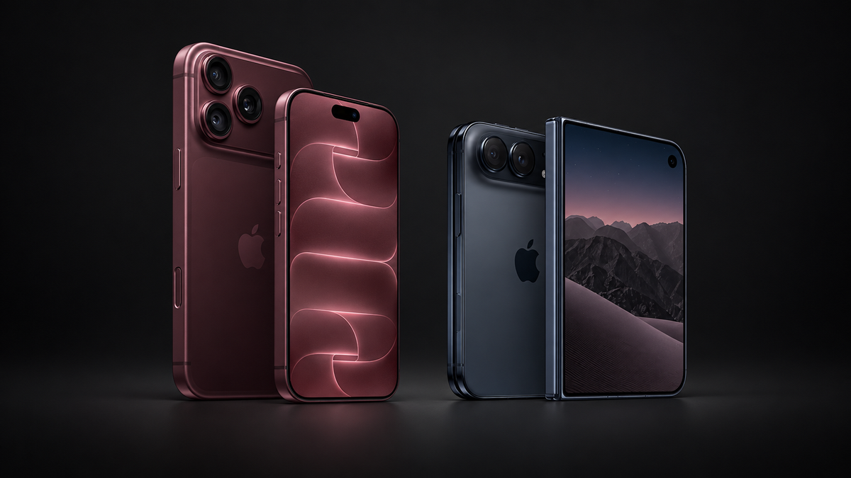 Editorial composite of burgundy iPhone 18 Pro and Pro Max with nightsky iPhone Duo