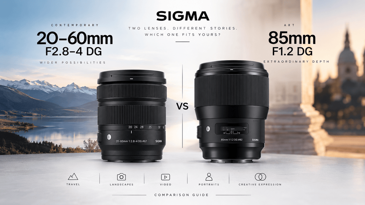 Sigma 20–60mm F2.8–4 and 85mm F1.2 Art lenses side by side