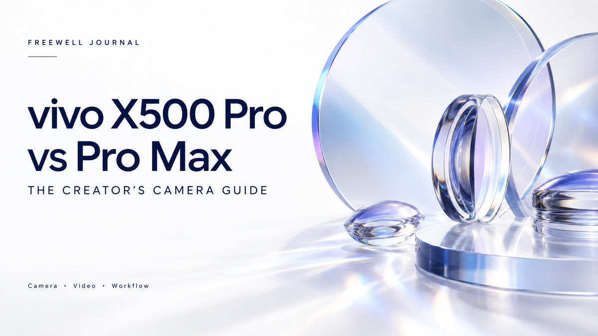 vivo X500 Pro vs Pro Max creator guide — abstract blue and lavender optical-glass editorial illustration