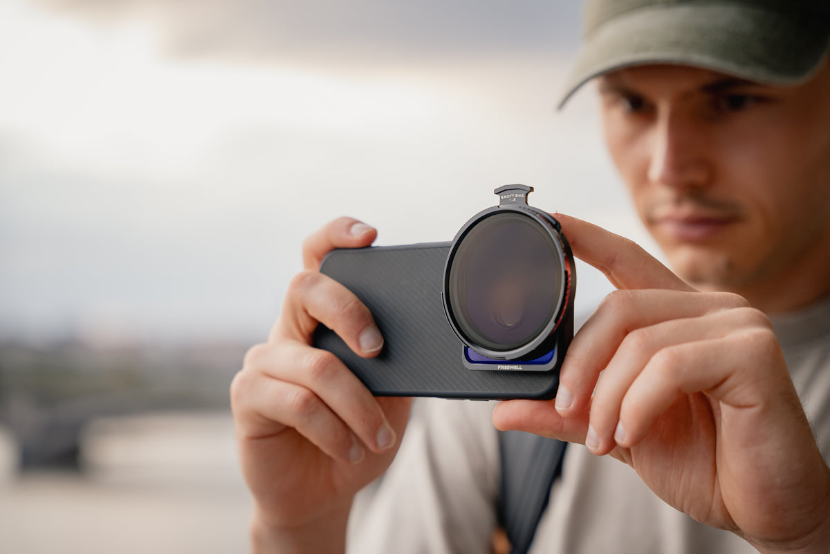 Creator using the filter system on an iPhone in a compatible Freewell case