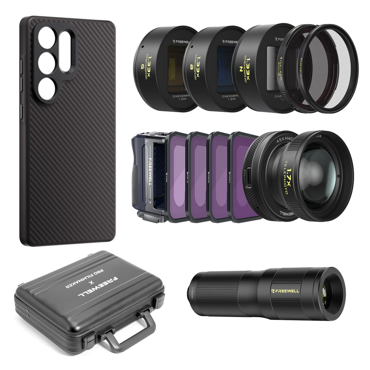 The full Freewell accessories for Samsung S25 Ultra, includes a carbon fiber case, multiple smartphone lenses (telephoto, macro, 1.33x anamorphic, VND/CPL, mist filters), a grip, and a carrying case.