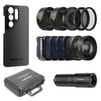 Samsung S26 Ultra case, lenses (wide angle, telephoto, macro, 1.33x anamorphic, VND/CPL, mist filters), a grip, and a carrying case.