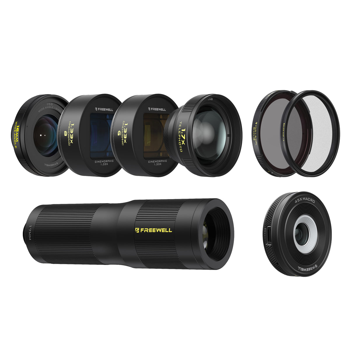 Pro filmmaker lens kit includes blue, gold anamorphic lens, 16mm wide angle lens, 1.7x & 6x zoom, 45x macro, VND/CPL & mist lens filters.
