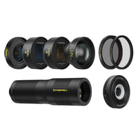 Pro filmmaker lens kit includes blue, gold anamorphic lens, 16mm wide angle lens, 1.7x & 6x zoom, 45x macro, VND/CPL & mist lens filters.