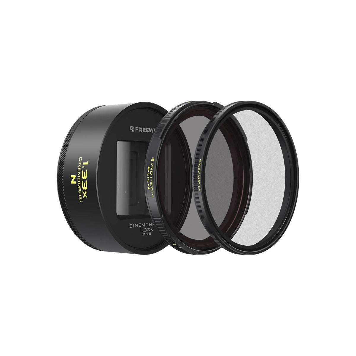 Freewell 1.33x neutral streak anamorphic lens with VND/CPL and glow mist filter.