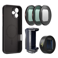 Freewell iPhone 16 Plus Filmmaker Blue Mega Kit has iPhone case, a grip, blue anamorphic lens, CPL, Snow Mist 1/4 & VND1-5 filter.