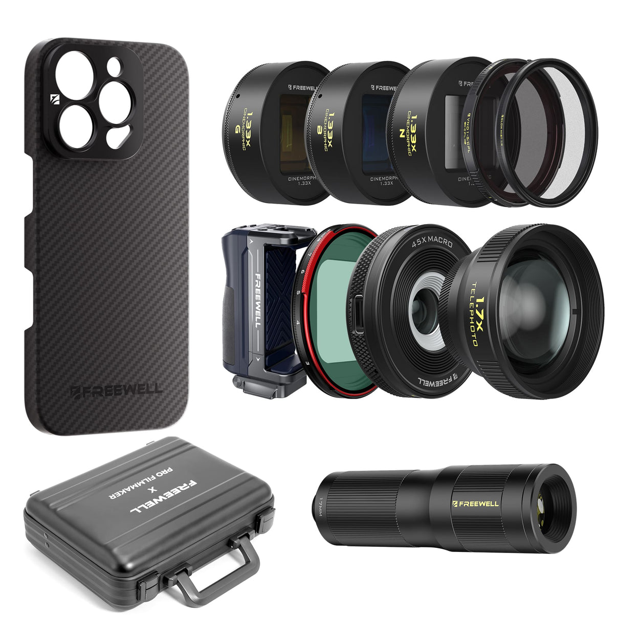 The full Freewell accessories for iPhone 16 Pro/Max, includes a carbon fiber case, multiple smartphone lenses (telephoto, macro, 1.33x anamorphic, VND/CPL, mist filters), a grip, and a carrying case.