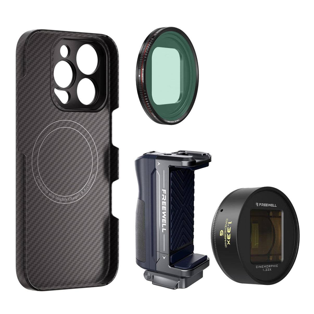 iPhone 16 Pro Max Filmmaker Gold Kit includes iPhone case, a grip, a 1.33x gold anamorphic lens and a VND1-5 filter.