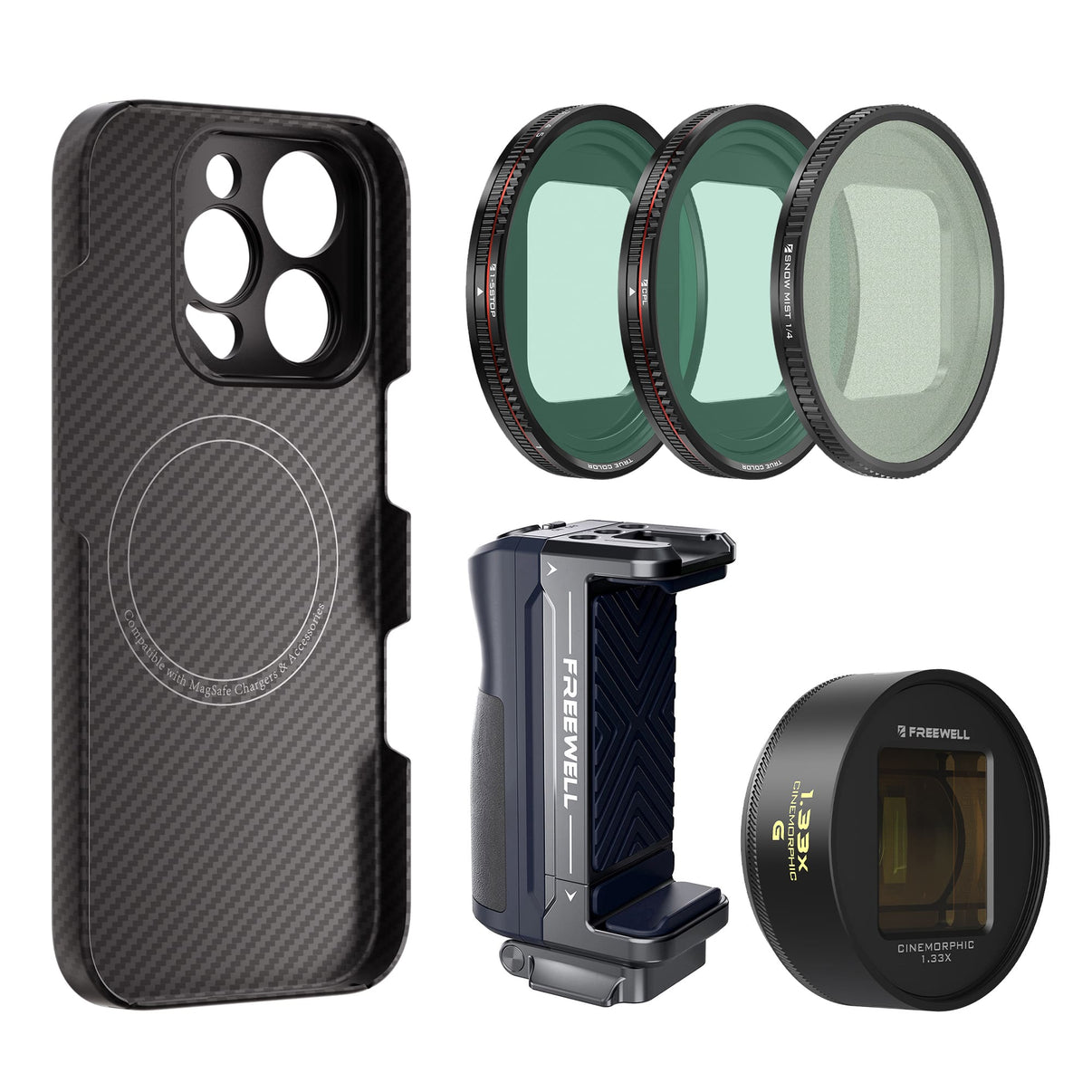 Gold 1.33x anamorphic lens for freewell with iPhone 16 pro case, Magnetic filters VND, CPL, Snow mist, Bluetooth Grip Kit by Freewell