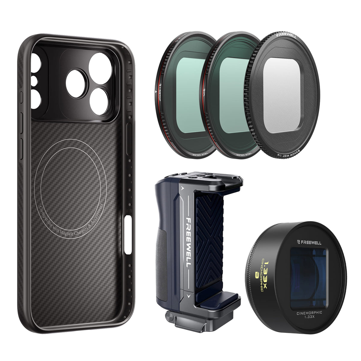 iPhone 17 Pro Max case, grip, 1.33x blue anamorphic lens, CPL, Snow Mist 1/4 with VND1-5