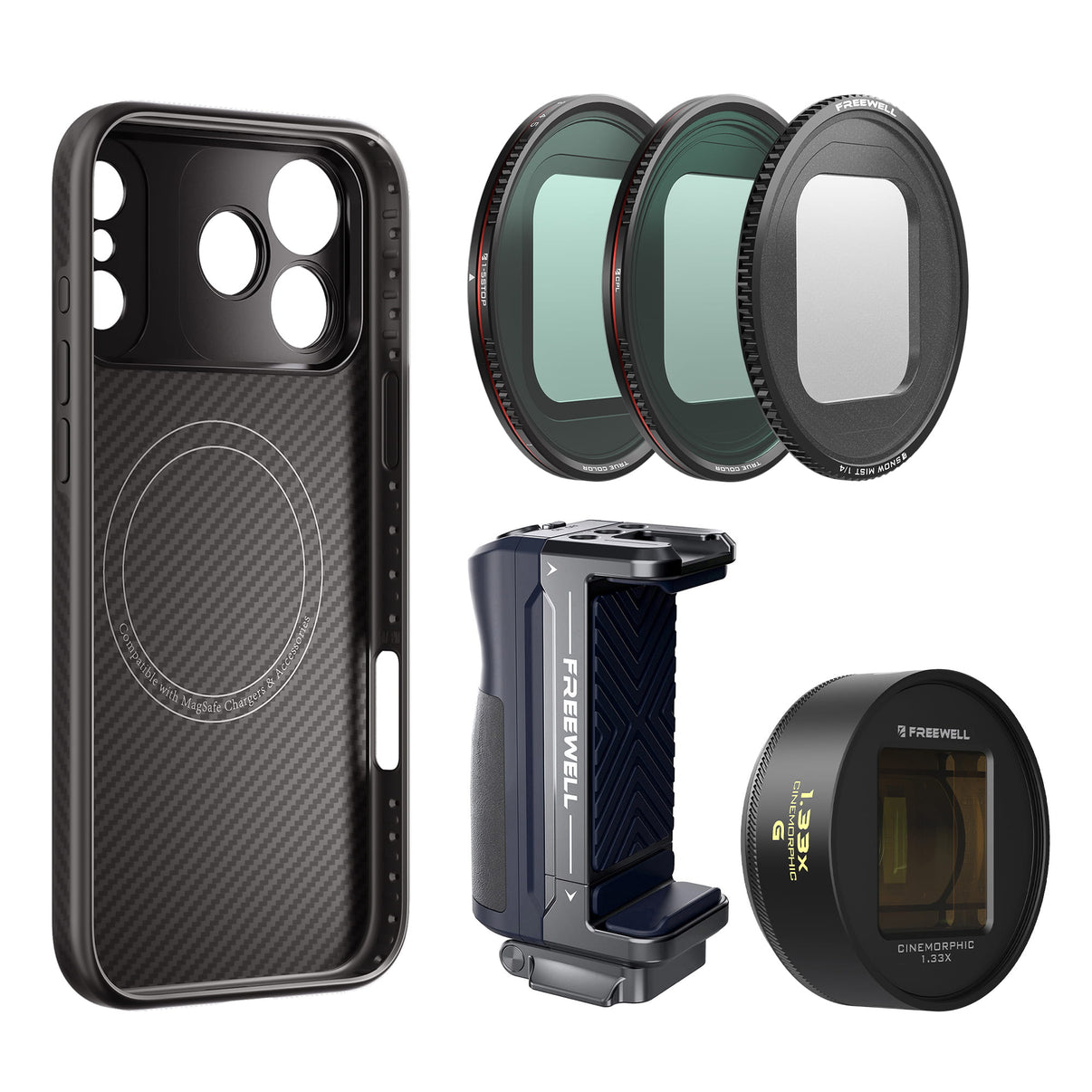 iPhone 17 Pro Max case, grip, 1.33x gold anamorphic lens, CPL, Snow Mist 1/4 with VND1-5