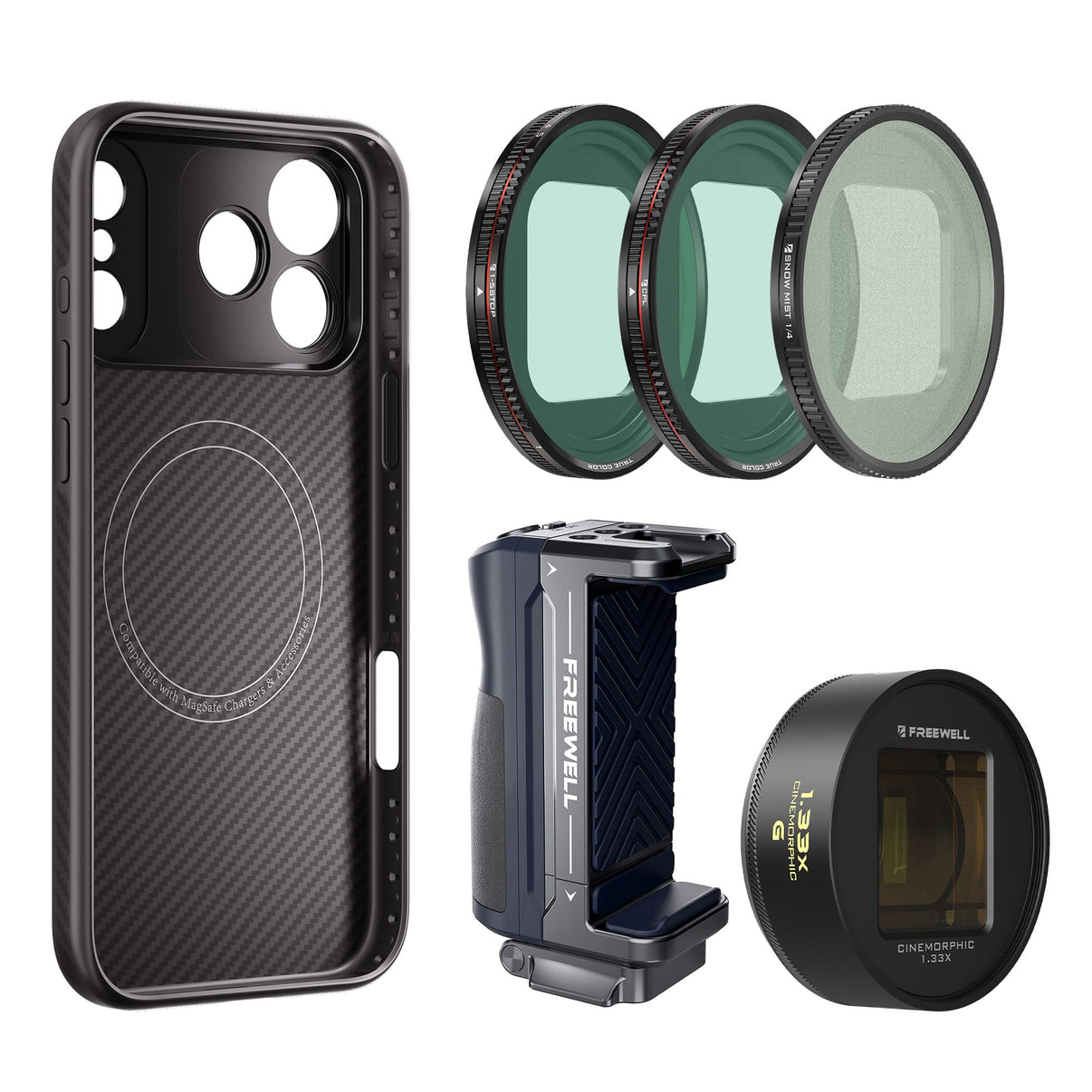 iPhone 17 Pro Max case, grip, 1.33x gold anamorphic lens, CPL, Snow Mist 1/4 with VND1-5
