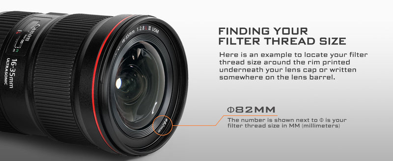 Camera lens with text on how to find filter thread size