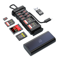 Pro card reader for CF Express A/B, SD, and micro SD cards with Type-C connection, shown with multiple memory cards, USB adapters, and external storage.