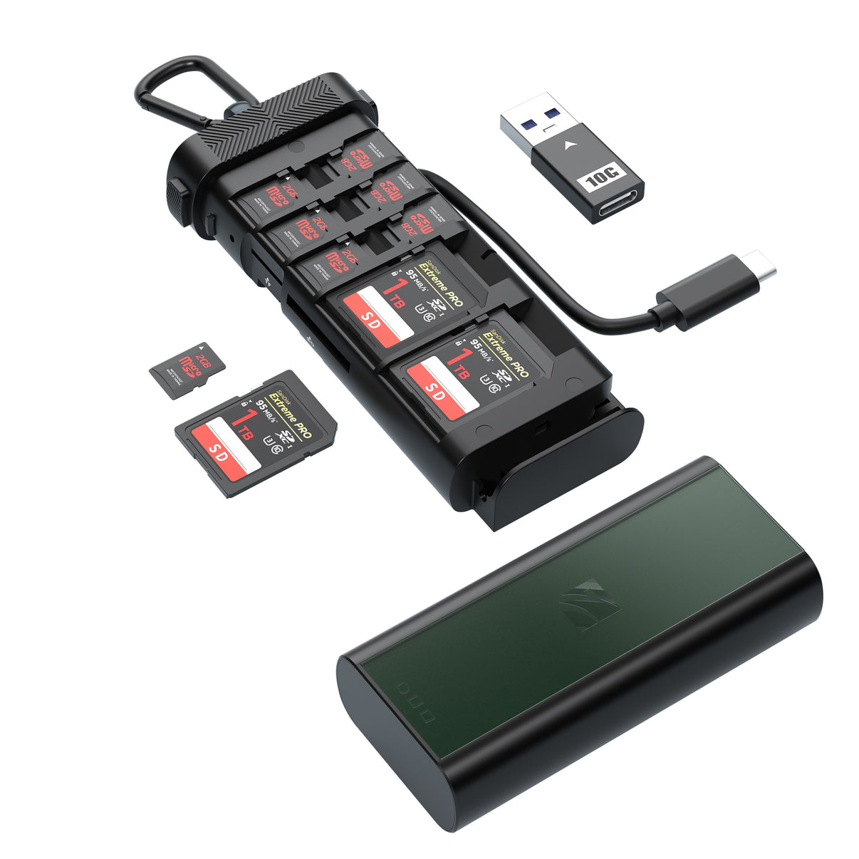 Freewell Duo card reader for SD, MicroSD shown with various memory cards and USB Type-C connection, compatible with multiple devices.