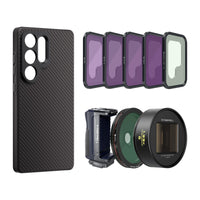 Samsung S25 Ultra case, grip, ND Filters, CPL, Snow Mist, and 1.33x Gold anamorphic lens.