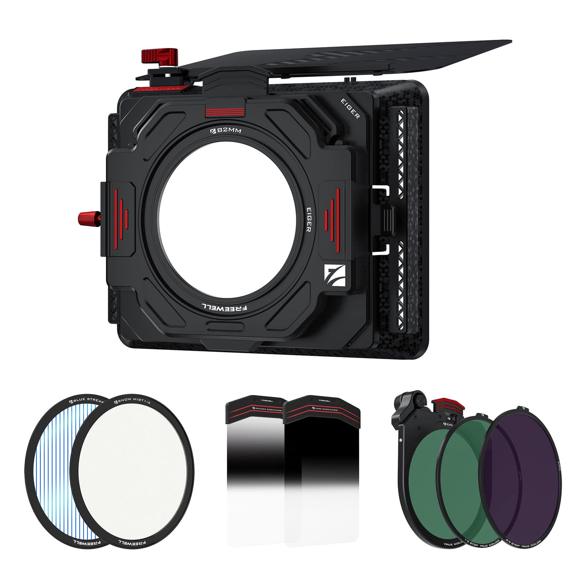 Freewell Eiger Matte Box Pro Kit includes snow mist, blue streak, gnd filters, vnd and cpl.