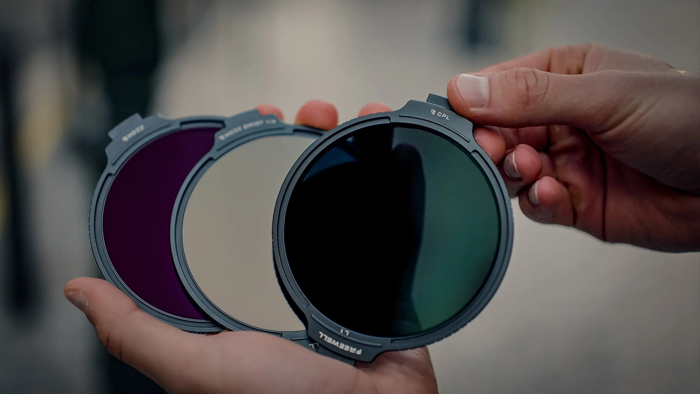 Real Locking VND, ND and mist filters held together outdoors