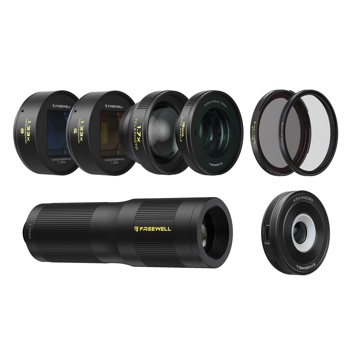 Freewell 1.33x Pro Filmmaker Lens Kit with filters including anamorphic lens, wide angle, macro, telephoto, glow mist and VND/CPL filters.