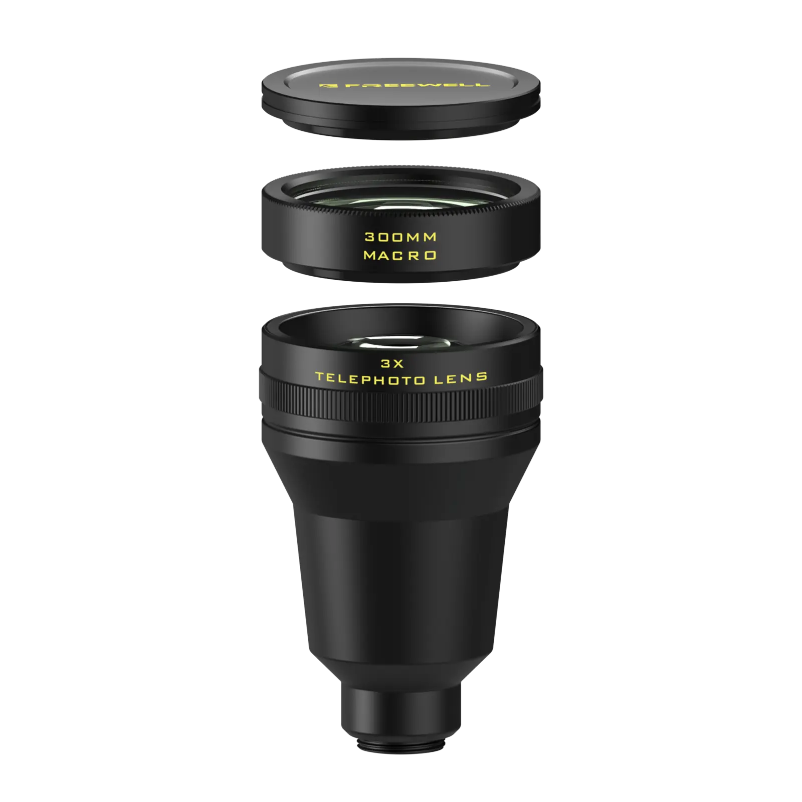 Exploded view of the Freewell telephoto lens, magnetic macro module and magnetic protective cap
