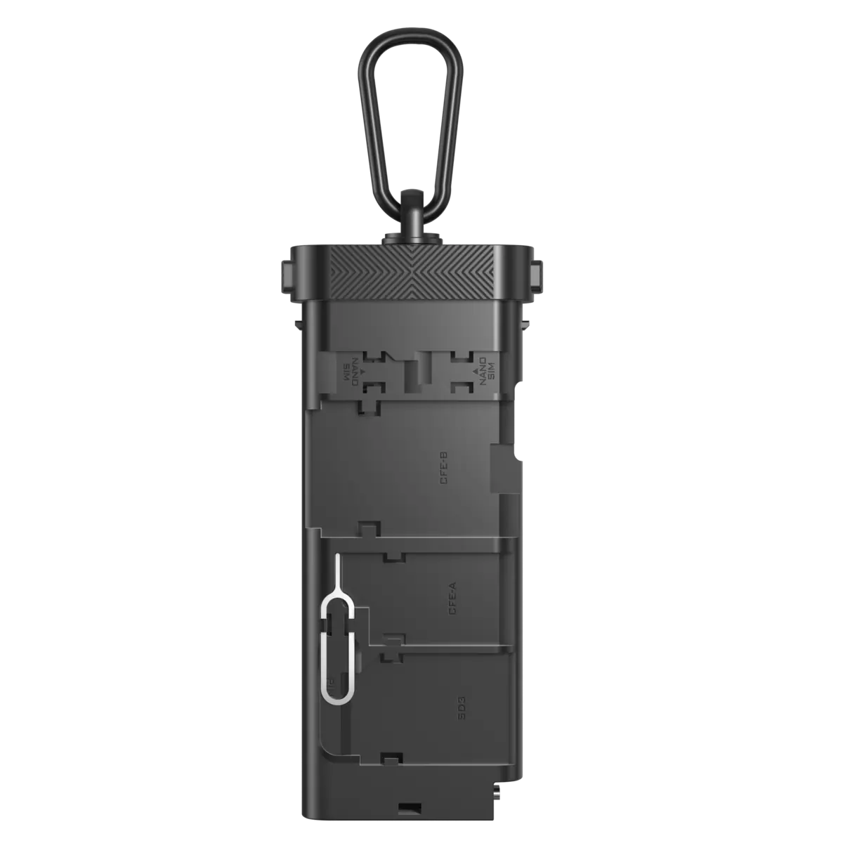 Rear internal storage layout for CFexpress cards and Nano SIM cards