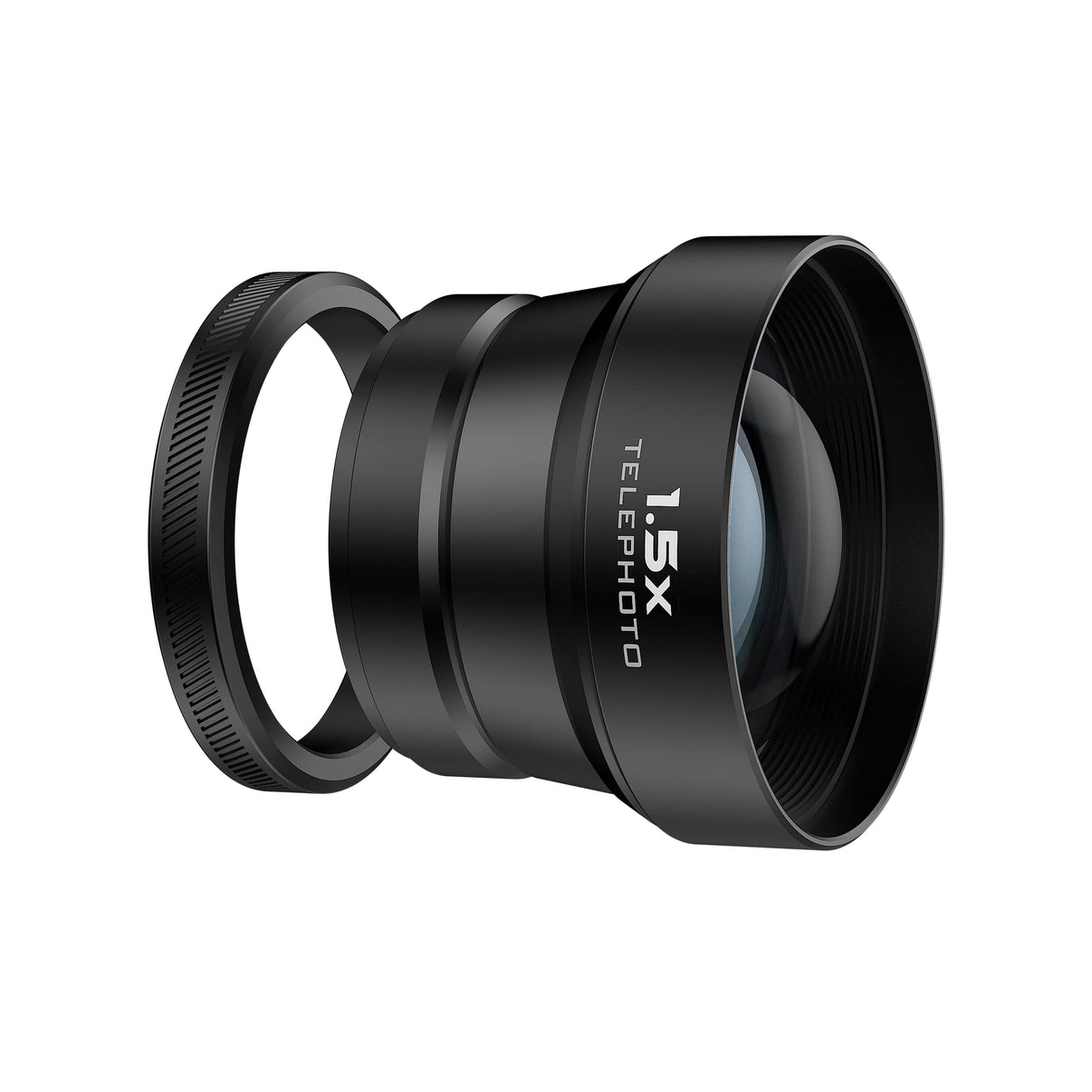 Freewell Fuji X100VI/X100V 1.5X Telephoto lens showing the lens design with a clear view of the glass elements and the threaded mounting ring.