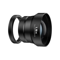 Freewell Fuji X100VI/X100V 1.5X Telephoto lens showing the lens design with a clear view of the glass elements and the threaded mounting ring.