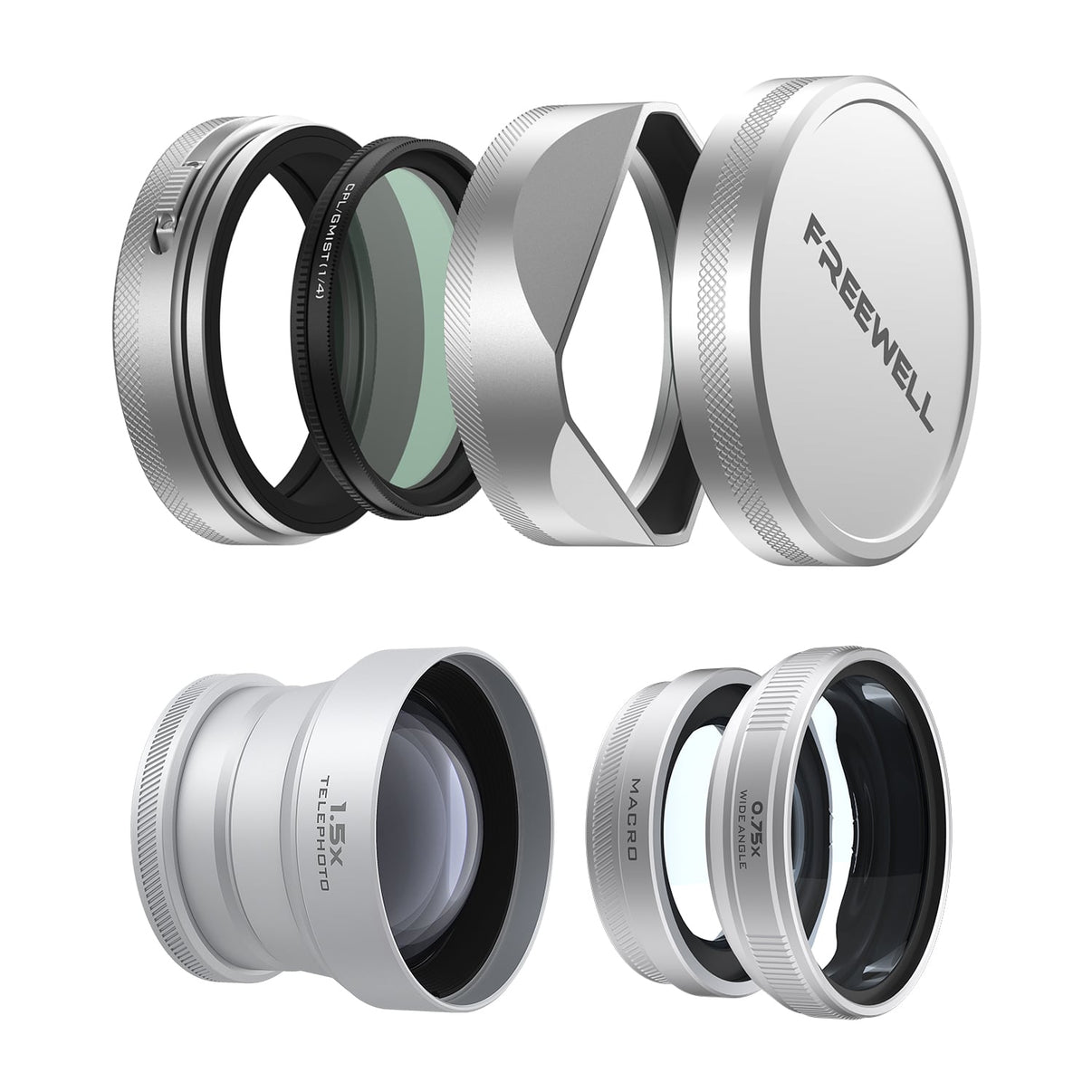###silver lens hood with cpl/ gmist, telephoto, macro / wide angle for fuji X100 series