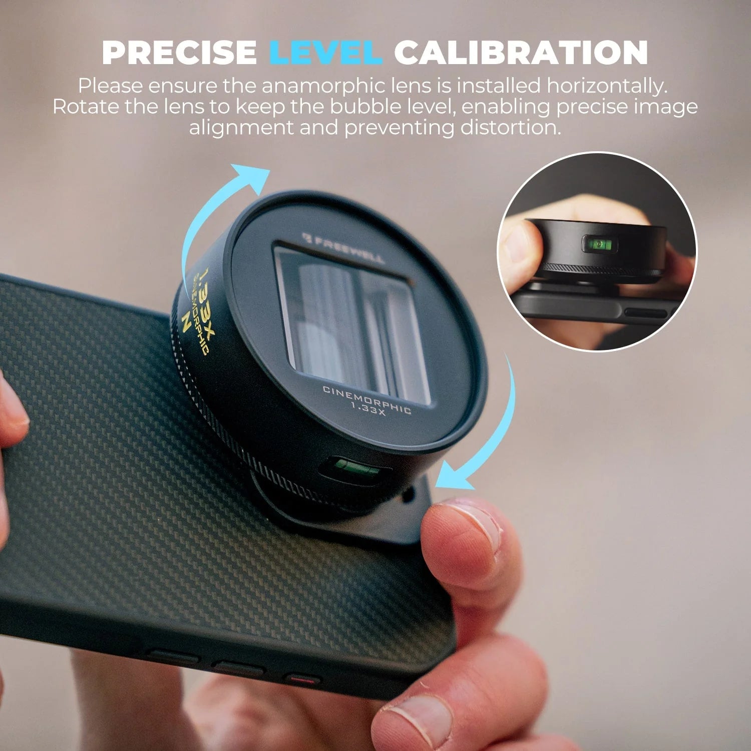Built-in bubble level for precise anamorphic lens alignment
