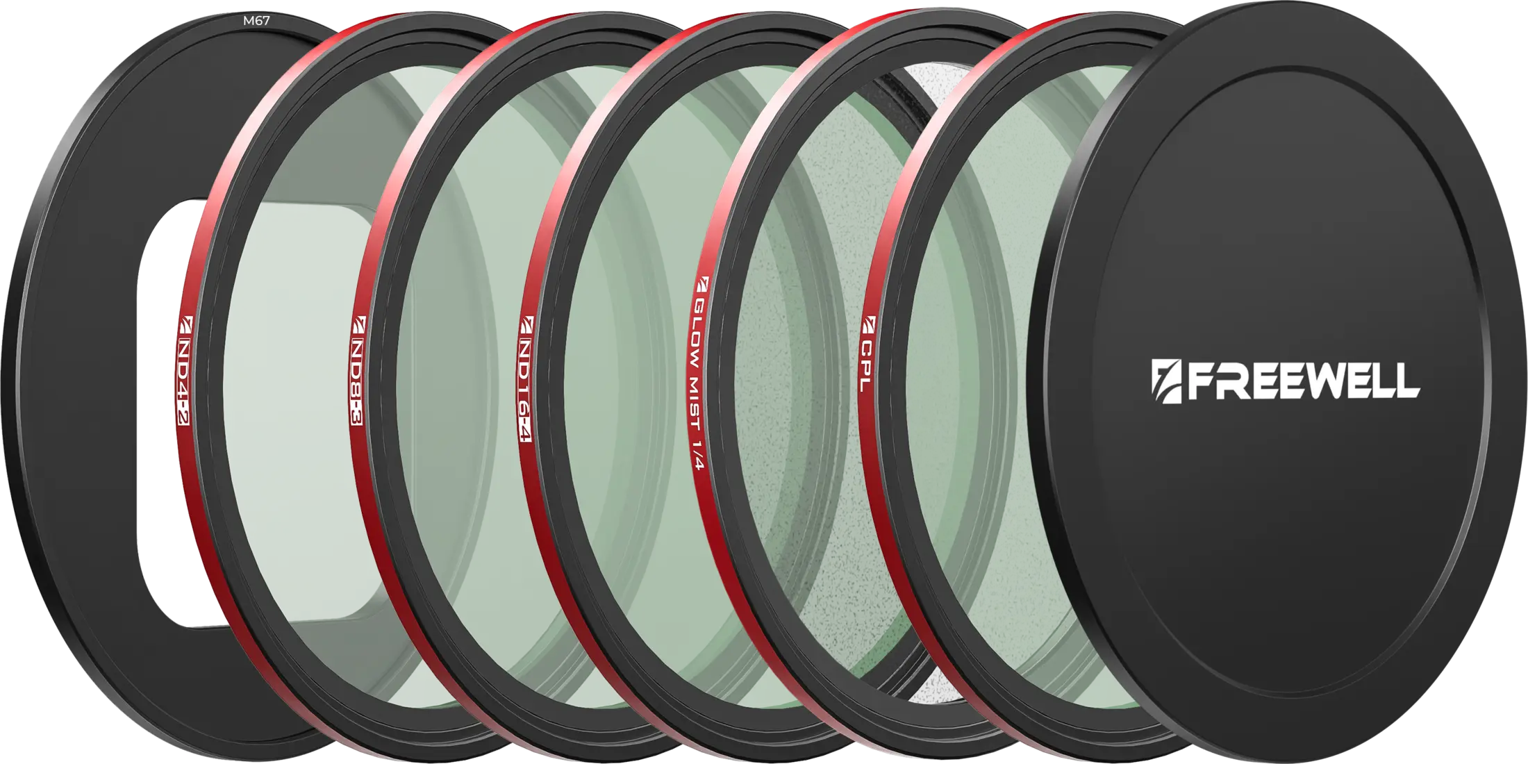 Exploded view of the Quick Snap magnetic base, five filters, and lens cap