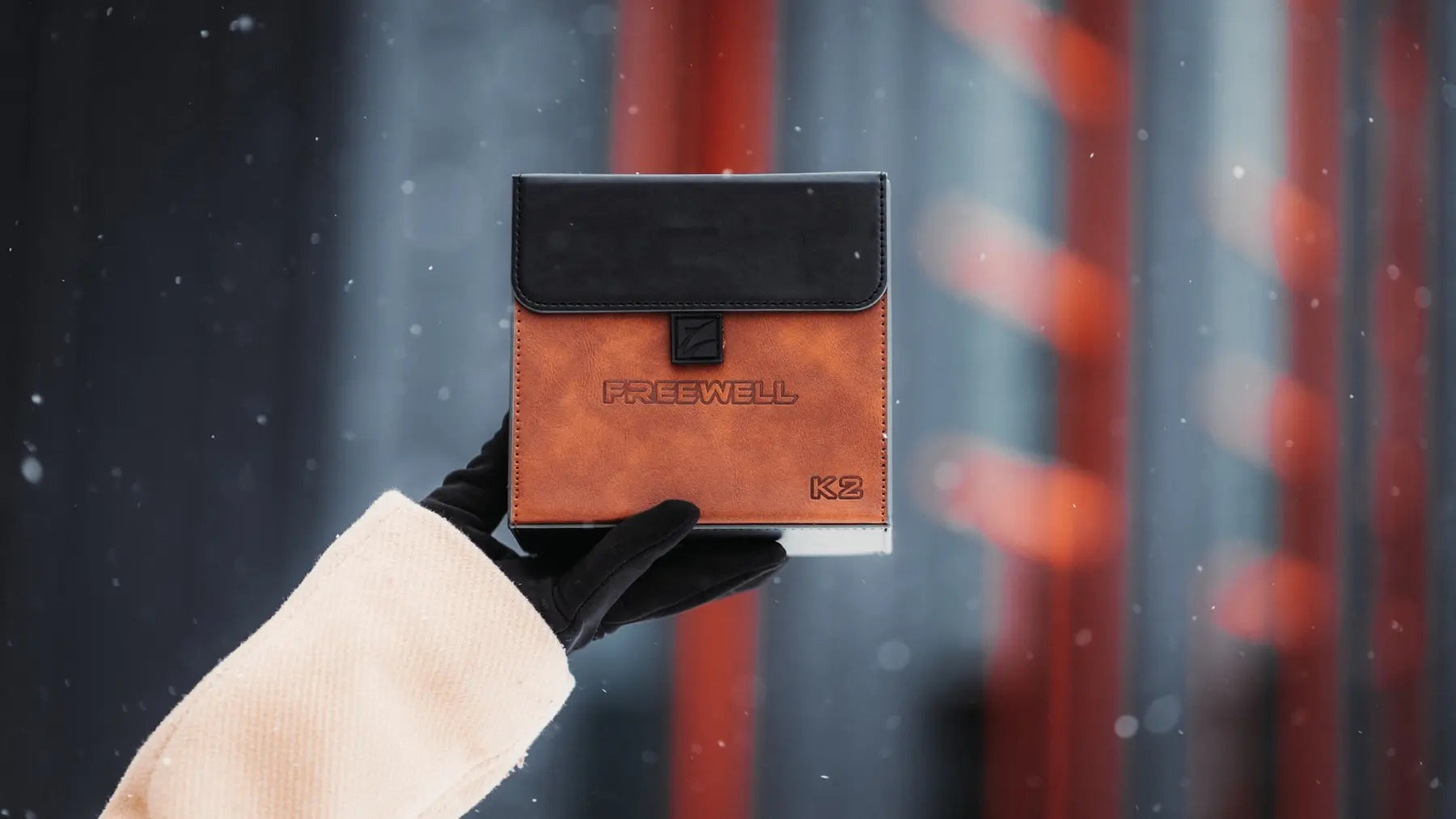 K2 filter case held on location in snow