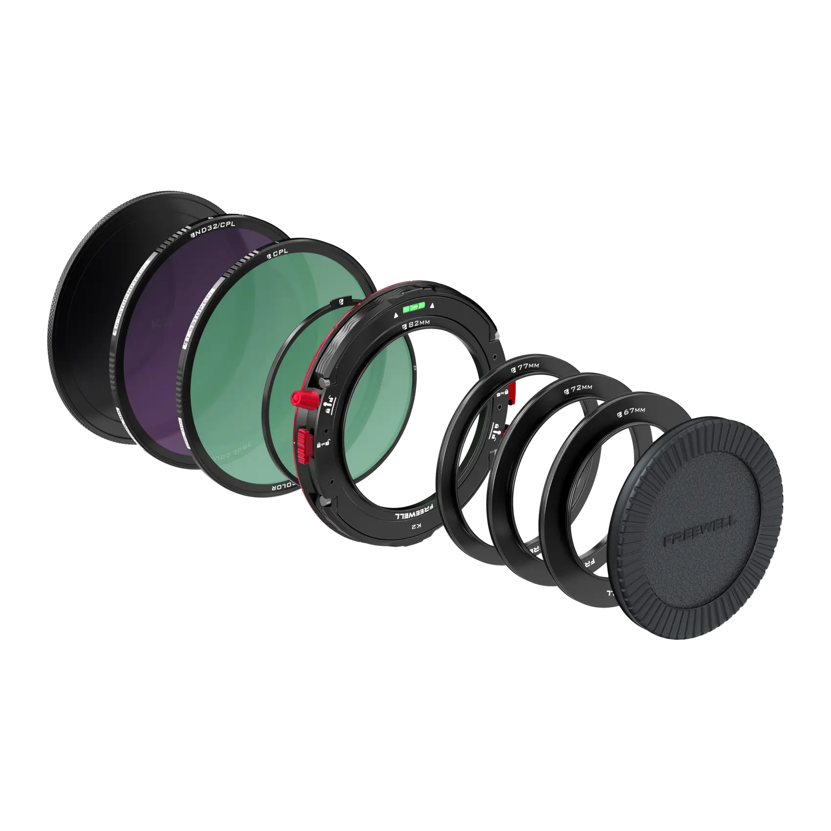 Exploded view of the K2 Master Base, VND filters, base rings and caps