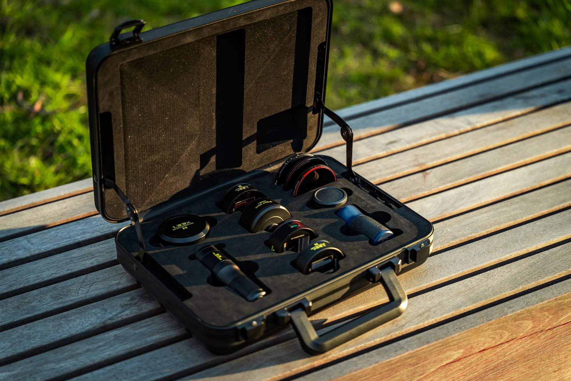 Freewell mobile filmmaking case opened outdoors and ready for a shoot