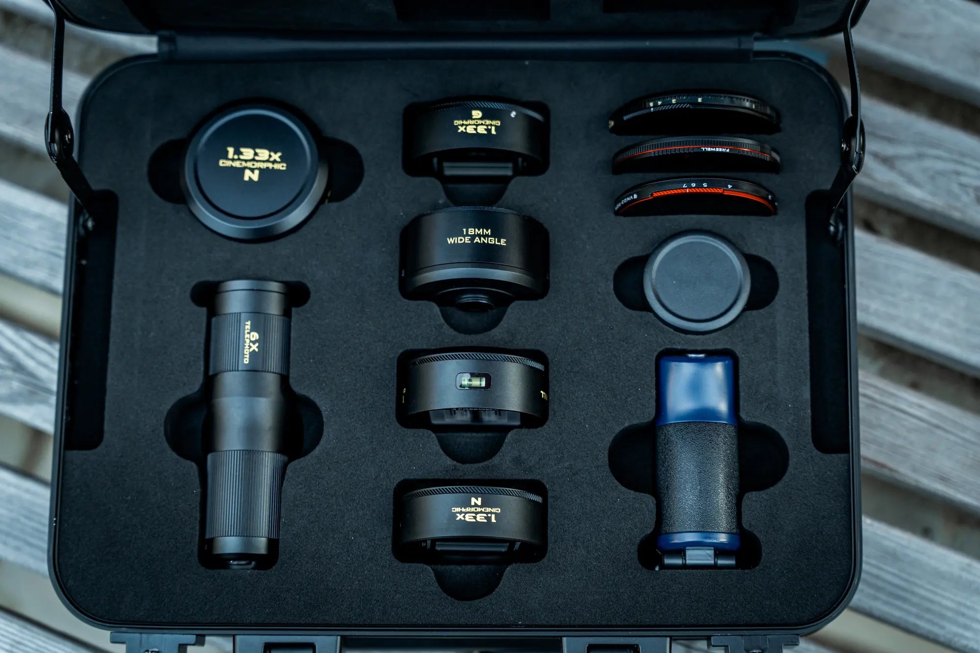 Top view of the organized Freewell 17mm lens system inside the case